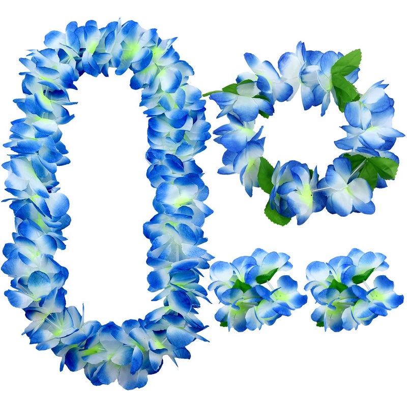 Auerllcy Hawaiian Leis 4-Piece Set | Extra-Fluffy 80-Petal Density Silk Flower Necklace, Headband & 2 Wristbands | Soft Tropical Luau Party Favors & Costume Accessories - Image 1